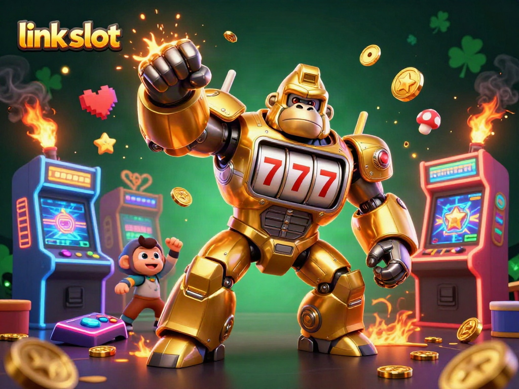 Engage with the exciting link slot scene featuring a golden gorilla mech and dynamic gaming elements!