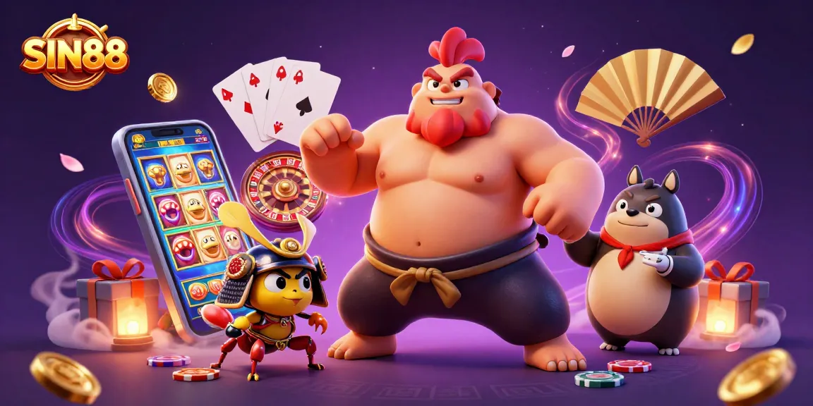 SIN88 casino illustration featuring a sumo wrestler and a samurai cricket among vibrant gaming elements.
