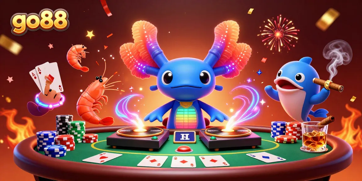 Experience the excitement at go88 with vibrant casino action featuring poker chips, cards, and lively ocean characters.