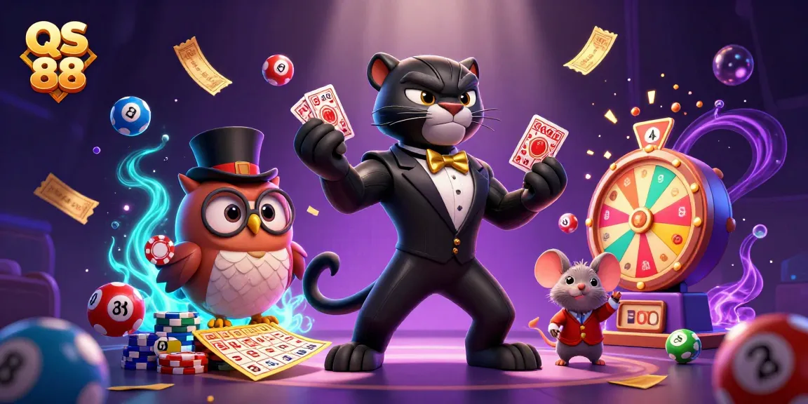 Engage with QS 88 through an animated casino scene featuring vibrant lottery elements.